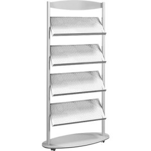 Prospektständer sirius, 4 Etagen, Beschriftungsfläche, mit optional montierbaren Rollen, B 800 x T 330 x H 1850 mm, Stahl, alusilber Prospektständer sirius, 4 Etagen, Beschriftungsfläche, mit optional montierbaren Rollen, B 800 x T 330 x H 1850 mm, Stahl, alusilber