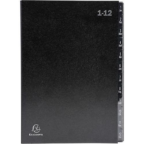 Pultordner Exacompta 57012E, Format A4, 12 Fächer, Taben 1-12/Jan-Dez, B 250 x H 330 mm, Blauer Engel, Recycling-Karton, schwarz