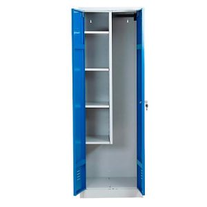 Putzmittelschrank, B 600 mm, 4 Böden, verkürzte Mitteltrennwand, abschließbar, enzianblau RAL 5010/l.grau RAL 7035 Putzmittelschrank, B 600 mm, 4 Böden, verkürzte Mitteltrennwand, abschließbar, enzianblau RAL 5010/l.grau RAL 7035