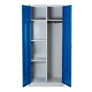 Putzmittelschrank, B 800 mm, 4 Böden, kompl. Mitteltrennwand, abschließbar, enzianblau RAL 5010/l.grau RAL 7035 Putzmittelschrank, B 800 mm, 4 Böden, kompl. Mitteltrennwand, abschließbar, enzianblau RAL 5010/l.grau RAL 7035