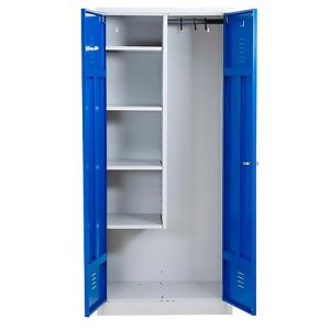 Putzmittelschrank, B 800 mm, 4 Böden, verkürzte Mitteltrennwand, abschließbar, enzianblau RAL 5010/l.grau RAL 7035 Putzmittelschrank, B 800 mm, 4 Böden, verkürzte Mitteltrennwand, abschließbar, enzianblau RAL 5010/l.grau RAL 7035