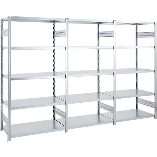 Regalkombination ORDO Industry, 1 Grundregal + 2 Anbauregale, 15 Fachböden, modular, Fachlast 185 kg, Feldlast 1200 kg, B 3980 x T 435 x H 2000 mm, verzinkt