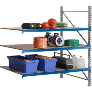 Regalsystem WR 600, Anbaufeld, Traverse blau, mit 3 Ebenen, 2500 x 2200 x 800 mm