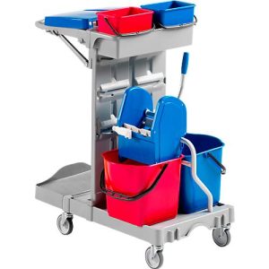 Reinigungswagen Poly II, 2 x 4 L Eimer, 2 x 15 L Eimer, Mopppresse u. Stielhalterung Reinigungswagen Poly II, 2 x 4 L Eimer, 2 x 15 L Eimer, Mopppresse u. Stielhalterung