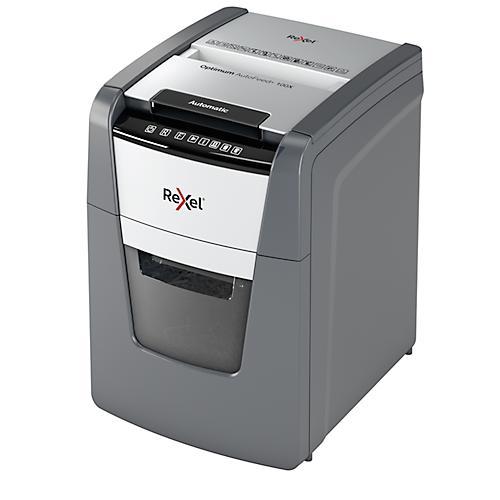 Rexel Optimum AutoFeed+ 100X Aktenvernichter P4, Vollautomatik, Partikelschnitt 4 x 28 mm, 34 l, 100 Blatt Schnittleistung, schwarz