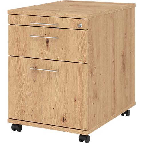 Rollcontainer 126 Breno, 1 Schub, 1 Utensilienauszug & 1 Hängeregistraturschub, abschließbar, B 428 x T 580 x H 590 mm, Asteiche