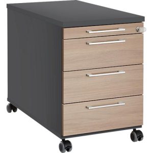 Rollcontainer 1333, 3 Schübe & 1 Utensilienauszug, abschließbar, eckige Griffe, Holz/Stahl/Kunststoff, B 434 x T 800 x H 613 mm,graphit/Eiche-Dekor Rollcontainer 1333, 3 Schübe & 1 Utensilienauszug, abschließbar, eckige Griffe, Holz/Stahl/Kunststoff, B 434 x T 800 x H 613 mm,graphit/Eiche-Dekor