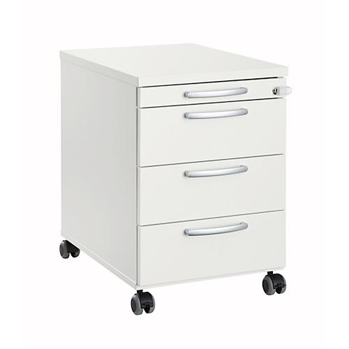 Rollcontainer 1333, 3 Schübe & 1 Utensilienauszug, abschließbar, runde Griffe, Holz/Stahl/Kunststoff, B 434 x T 600 x H 613 mm, weiß
