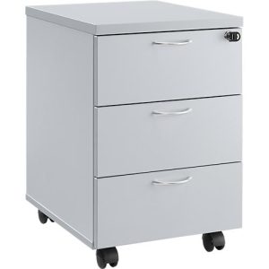 Rollcontainer 333, 3 Schübe, abschließbar, Metallgriffe, 4 Doppellenkrollen, B 404 x T 500 x H 590 mm, grau Rollcontainer 333, 3 Schübe, abschließbar, Metallgriffe, 4 Doppellenkrollen, B 404 x T 500 x H 590 mm, grau