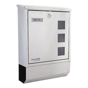 Rottner Briefkasten Corto Inox, Wandmontage, Namensschild/Sichtfenster/Postrolle, Zylinderschloss, 2 Schlüssel, Edelstahl, B 300 x T 100 x H 435 mm Rottner Briefkasten Corto Inox, Wandmontage, Namensschild/Sichtfenster/Postrolle, Zylinderschloss, 2 Schlüssel, Edelstahl, B 300 x T 100 x H 435 mm