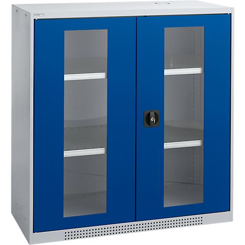 Schäfer Shop Genius Flügeltürenschrank FS, Stahl, Sichtfenster, Lüftungslöcher, B 1055 x T 520 x H 1105 mm, 3 OH, Weißalu/Enzianblau, bis 300 kg