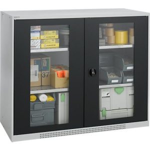 Schäfer Shop Genius Flügeltürenschrank FS, Stahl, Sichtfenster, Lüftungslöcher, B 1343 x T 520 x H 1105 mm, 3 OH, Weißalu/Anthrazitgrau, bis 450 kg Schäfer Shop Genius Flügeltürenschrank FS, Stahl, Sichtfenster, Lüftungslöcher, B 1343 x T 520 x H 1105 mm, 3 OH, Weißalu/Anthrazitgrau, bis 450 kg