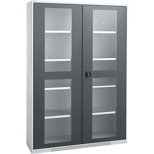 Schäfer Shop Genius Flügeltürenschrank FS, Stahl, Sichtfenster, Lüftungslöcher, B 1343 x T 520 x H 1950 mm, 5 OH, Weißalu/Anthrazitgrau, bis 750 kg