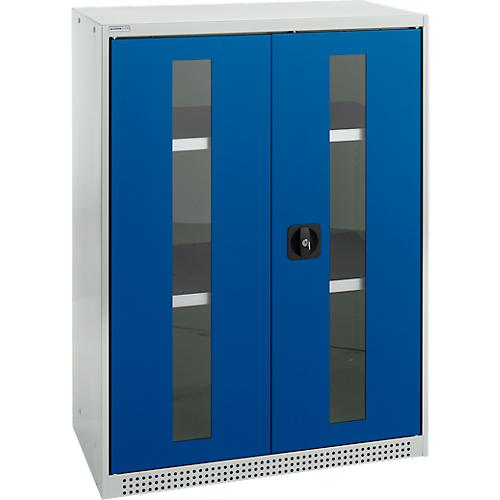 Schäfer Shop Genius Flügeltürenschrank FS, Stahl, Sichtfenster, Lüftungslöcher, B 810 x T 520 x H 1105 mm, 3 OH, Lichtgrau/Enzianblau, bis 180 kg