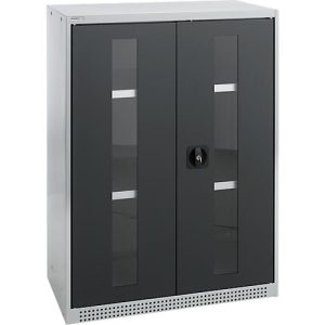 Schäfer Shop Genius Flügeltürenschrank FS, Stahl, Sichtfenster, Lüftungslöcher, B 810 x T 520 x H 1105 mm, 3 OH, Weißalu/Anthrazitgrau, bis 180 kg
