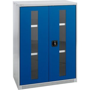 Schäfer Shop Genius Flügeltürenschrank FS, Stahl, Sichtfenster, Lüftungslöcher, B 810 x T 520 x H 1105 mm, 3 OH, Weißalu/Enzianblau, bis 180 kg