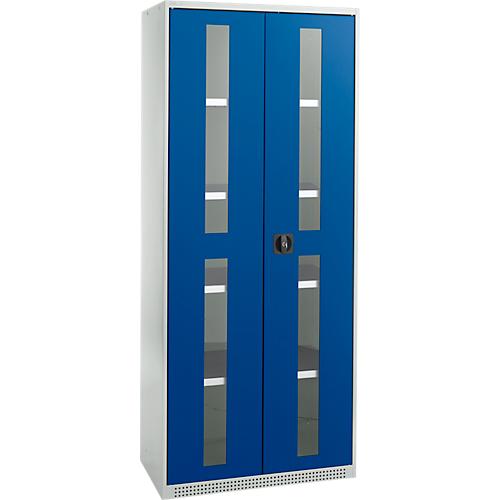 Schäfer Shop Genius Flügeltürenschrank FS, Stahl, Sichtfenster, Lüftungslöcher, B 810 x T 520 x H 1950 mm, 5 OH, Lichtgrau/Enzianblau, bis 300 kg