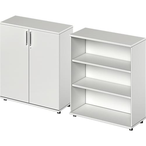 Schäfer Shop Genius Flügeltürenschrank + Regal TETRIS WOOD, 3 Ordnerhöhen, jeweils B 1000 mm, lichtgrau
