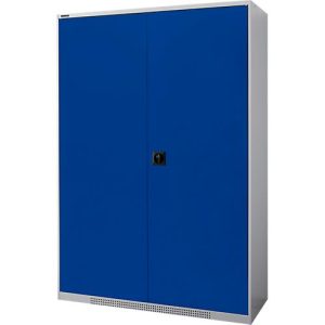 Schäfer Shop Genius Flügeltürschrank FS, 5 OH, abschließbar, 4 Fachböden, bis 450 kg, B 1343 mm, Stahl, weißaluminium RAL 9006/enzianblau RAL 5010