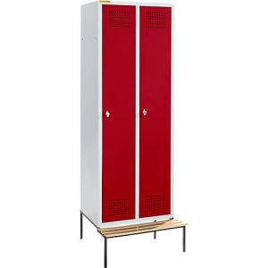 Schäfer Shop Genius Kleiderspind mit Sitzbank, 2 Abteile, 300 mm Abteilbreite, Sicherheitsdrehriegelverschluss, lichtgrau/rubinrot Schäfer Shop Genius Kleiderspind mit Sitzbank, 2 Abteile, 300 mm Abteilbreite, Sicherheitsdrehriegelverschluss, lichtgrau/rubinrot