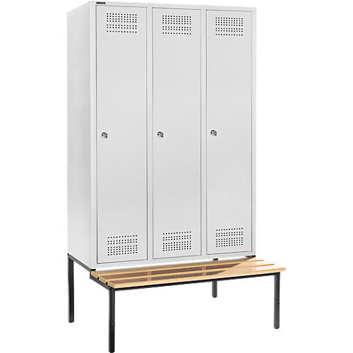 Schäfer Shop Genius Kleiderspind mit Sitzbank, 3 Abteile, 400 mm Abteilbreite, Zylinderschloss, lichtgrau/lichtgrau