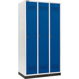 Schäfer Shop Genius Kleiderspind mit Sockel, 3 Abteile, 300 mm Abteilbreite, Sicherheitsdrehriegelverschluss, enzianblau