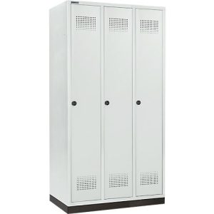 Schäfer Shop Genius Kleiderspind mit Sockel, 3 Abteile, 300 mm Abteilbreite, Sicherheitsdrehriegelverschluss, lichtgrau