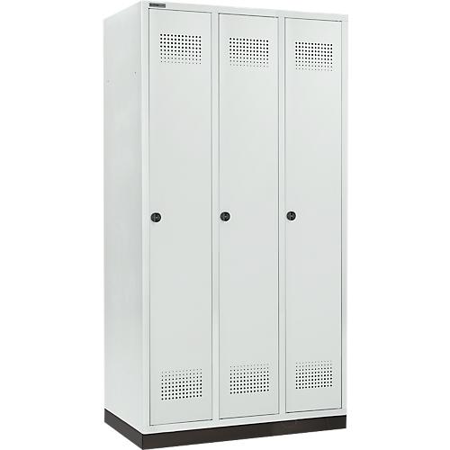 Schäfer Shop Genius Kleiderspind mit Sockel, 3 Abteile, 300 mm Abteilbreite, Sicherheitsdrehriegelverschluss, lichtgrau