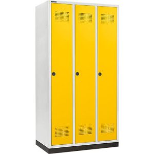 Schäfer Shop Genius Kleiderspind mit Sockel, 3 Abteile, 300 mm Abteilbreite, Sicherheitsdrehriegelverschluss, rapsgelb