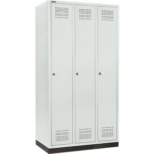 Schäfer Shop Genius Kleiderspind mit Sockel, 3 Abteile, 300 mm Abteilbreite, Zylinderschloss, lichtgrau