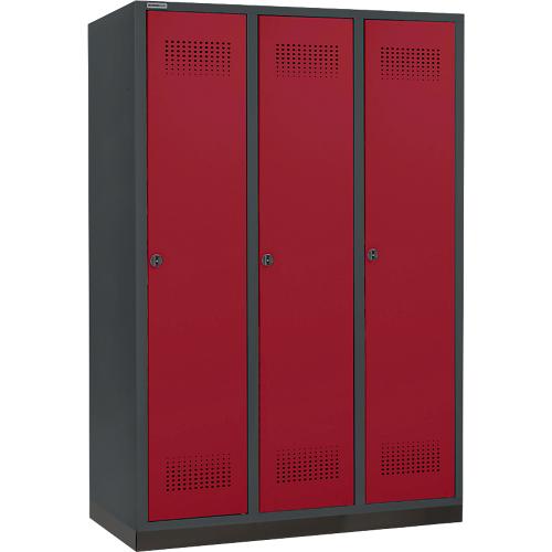 Schäfer Shop Genius Kleiderspind mit Sockel, 3 Abteile, 400 mm Abteilbreite, Sicherheitsdrehriegelverschluss, anthrazit/rubinrot