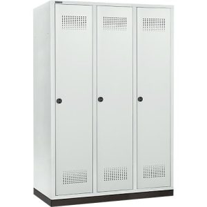 Schäfer Shop Genius Kleiderspind mit Sockel, 3 Abteile, 400 mm Abteilbreite, Sicherheitsdrehriegelverschluss, lichtgrau/lichtgrau