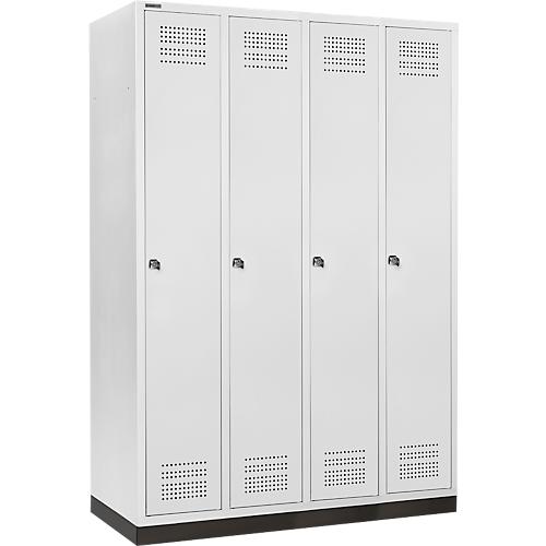 Schäfer Shop Genius Kleiderspind mit Sockel, 4 Abteile, 300 mm Abteilbreite, Zylinderschloss, anthrazit/rubinrot