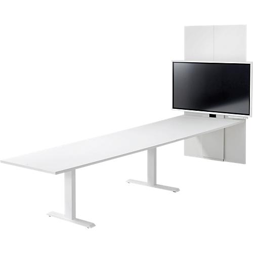 Schäfer Shop Genius Konferenztisch HV Basic, elektrisch höhenverstellbar, Tonne, T-Fuß, B 3600 x T 700/850/1000 x H 640-1300 mm, weiß/weiß