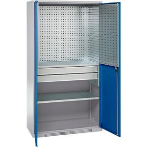 Schäfer Shop Genius Materialschrank FS, 5 OH, abschließbar, Lochrasterwände/2 Schübe/2 Fachböden, bis 450 kg, B 1055 x T 520 x H 1950 mm, weißalu/enzianblau
