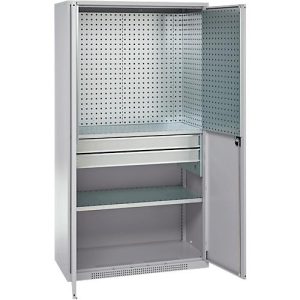 Schäfer Shop Genius Materialschrank FS, 5 OH, abschließbar, Lochrasterwände/2 Schübe/2 Fachböden, bis 450 kg, B 1055 x T 520 x H 1950 mm, weißalu/weißalu