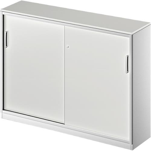 Schäfer Shop Genius Schiebetürenschrank TETRIS SOLID, 3 OH, 2 Fachböden, B 1600 mm, 19 mm Abdeckplatte, lichtgrau/weißalu
