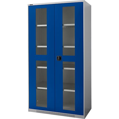 Schäfer Shop Genius Schwerlastschrank FS, Stahlblech, mit Sichtfenster, B 1055 x T 520 x H 1950 mm, 5 OH, weißalu/enzianblau, bis 1000 kg