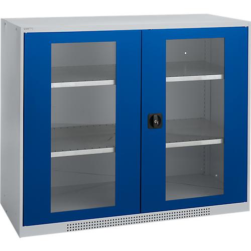 Schäfer Shop Genius Sichttürschrank FS, 3 OH, abschließbar, 2 Fachböden, bis 450 kg, B 1343 mm, Stahl, weißaluminium RAL 9006/enzianblau RAL 5010