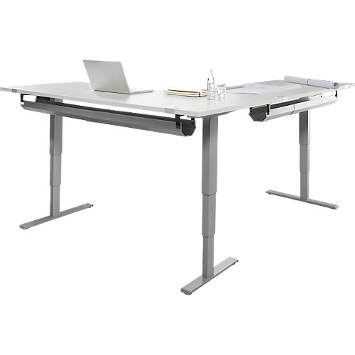 Schäfer Shop Genius Winkelschreibtisch AERO FLEX, elektrisch höhenverstellbar, 90° Winkel wechselseitig, B 2000 mm, lichtgrau/weißalu + 2x Kabelwanne