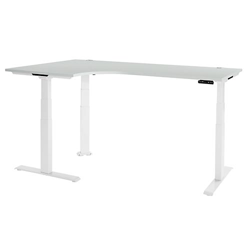 Schäfer Shop Genius Winkelschreibtisch Modena Flex, elektrisch höhenverstellbar, 90° Winkel, T-Fuß, B 2000 mm, lichtgrau/weiß