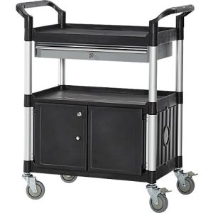 Schäfer Shop Pure Mehrzweckwagen, schwarz, Aluminium/Kunststoff, mit Schublade und Schrank, 4 Vollgummi-Lenkrollen, L 850 x B 480 x H 1000 mm Schäfer Shop Pure Mehrzweckwagen, schwarz, Aluminium/Kunststoff, mit Schublade und Schrank, 4 Vollgummi-Lenkrollen, L 850 x B 480 x H 1000 mm