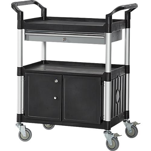 Schäfer Shop Pure Mehrzweckwagen, schwarz, Aluminium/Kunststoff, mit Schublade und Schrank, 4 Vollgummi-Lenkrollen, L 850 x B 480 x H 1000 mm
