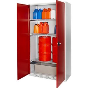 Schäfer Shop Select Gefahrstoffschrank, für Öl etc., 2 x 60 l Fässer und 8 x 20 l Kanister, Außenmaße B 1055 x T 520 x H 1950 mm, lichtgrau/rubinrot Schäfer Shop Select Gefahrstoffschrank, für Öl etc., 2 x 60 l Fässer und 8 x 20 l Kanister, Außenmaße B 1055 x T 520 x H 1950 mm, lichtgrau/rubinrot