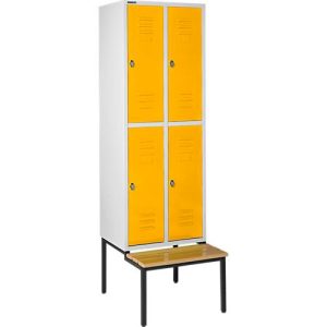 Schäfer Shop Select Kleiderspind, mit Sitzbank, 2×2 Abteile, 300mm, Drehriegelverschluss, lichtgrau/gelb Schäfer Shop Select Kleiderspind, mit Sitzbank, 2×2 Abteile, 300mm, Drehriegelverschluss, lichtgrau/gelb