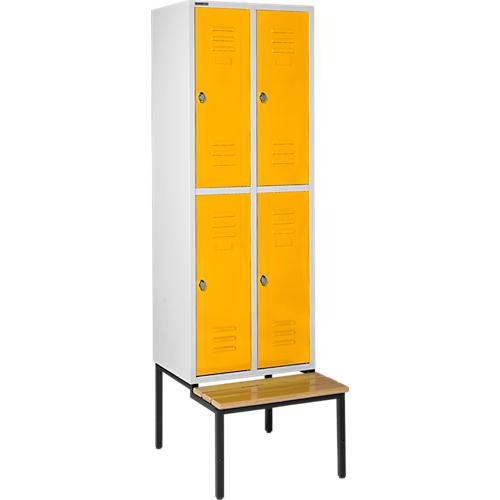 Schäfer Shop Select Kleiderspind, mit Sitzbank, 2x2 Abteile, 300mm, Drehriegelverschluss, lichtgrau/gelb