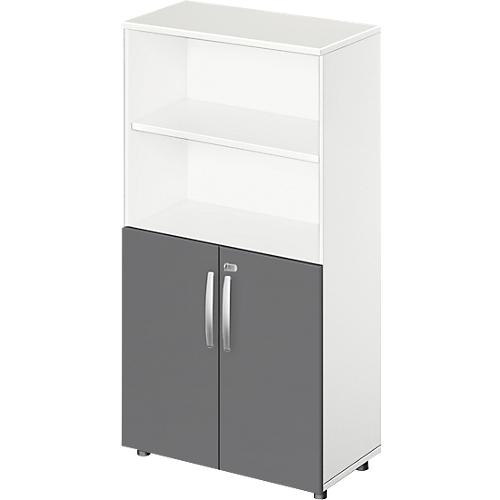 Schäfer Shop Select Kombischrank LOGIN, oben 2 Regale, unten 2 Ordnerhöhen mit Türen, B 800 x T 420 x H 1514 mm, weiß/graphit