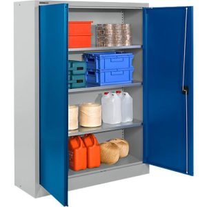 Schäfer Shop Select Materialschrank MSI 16412, B 1200 x T 400 x H 1535 mm, 3 Böden, Stahl, weißaluminium RAL 9006/enzianblau RAL 5010 Schäfer Shop Select Materialschrank MSI 16412, B 1200 x T 400 x H 1535 mm, 3 Böden, Stahl, weißaluminium RAL 9006/enzianblau RAL 5010