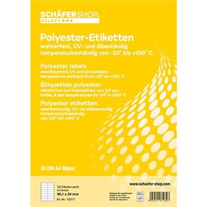 Schäfer Shop Select Wetterfeste Etiketten, 99,1 x 34 mm, Polyester weiß, 20 Blatt Schäfer Shop Select Wetterfeste Etiketten, 99,1 x 34 mm, Polyester weiß, 20 Blatt