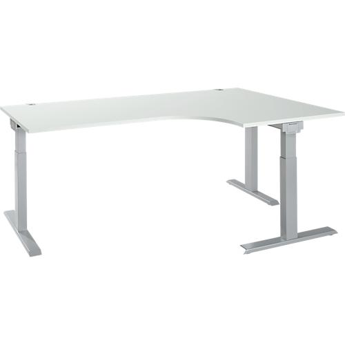 Schäfer Shop Select Winkelschreibtisch ERGO-T 2.0, 90° Winkel, Ansatz rechts, T-Fuß, B 2000 x T 1200/800 x H 675-895 mm, lichtgrau/weißalu